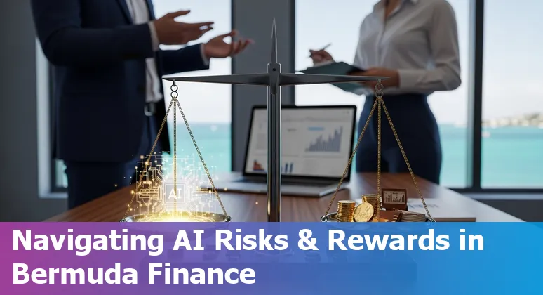Finance professional using AI dashboard in Bermuda with BMA and Bermuda flag in background