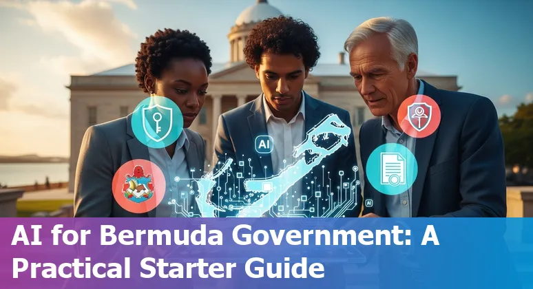 Illustration showing AI and government buildings in Bermuda with policy, pilots and PIPA references