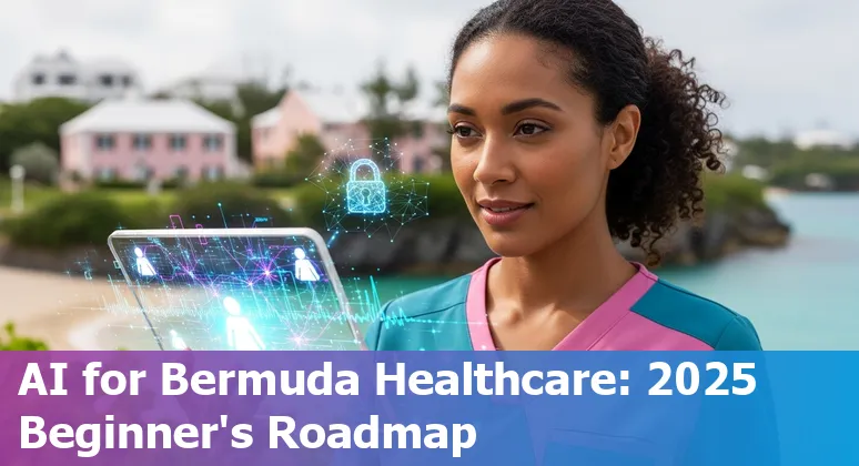 Illustration of AI in Bermuda healthcare: Bermuda map, medical icons, and policy documents