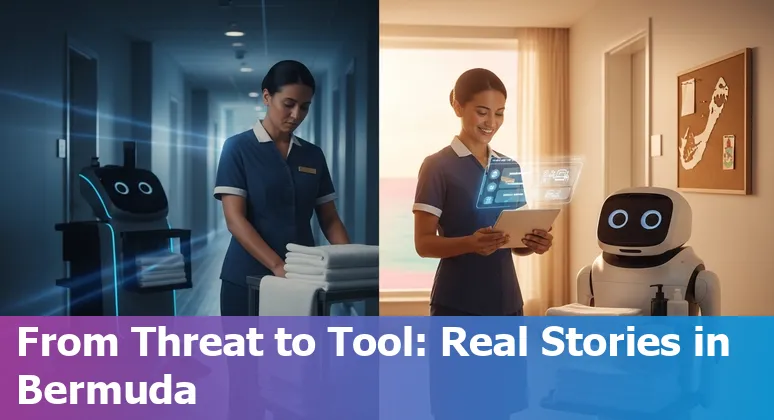 Bermuda hotel front desk staff using laptop with AI chatbot on screen in a hotel lobby