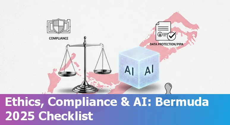 Legal professional using AI tools in a Bermuda law office with Hamilton skyline, Bermuda, BM