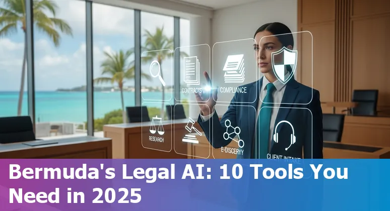 Bermuda legal professionals using AI tools on laptops with Bermuda flag and legal icons.