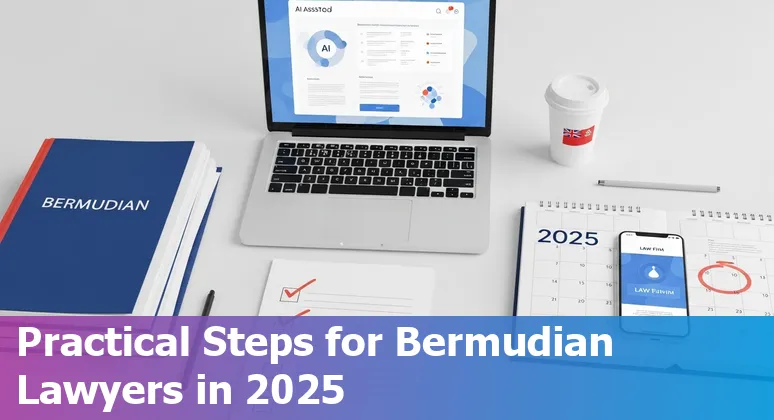 Lawyer using AI tools on laptop in Bermuda office with Bermudian flag visible