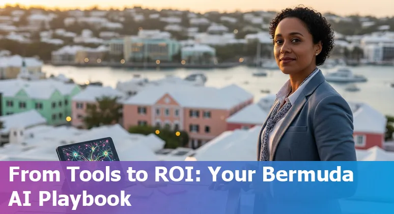 Marketing professional using AI tools with Bermuda island map overlay in 2025