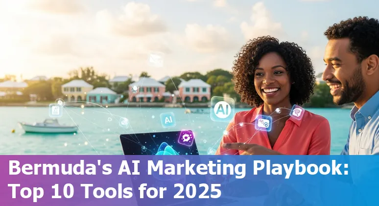 Collage of AI marketing tools logos overlaid on Bermuda coastline background with icons for CRM, chatbots, and analytics.