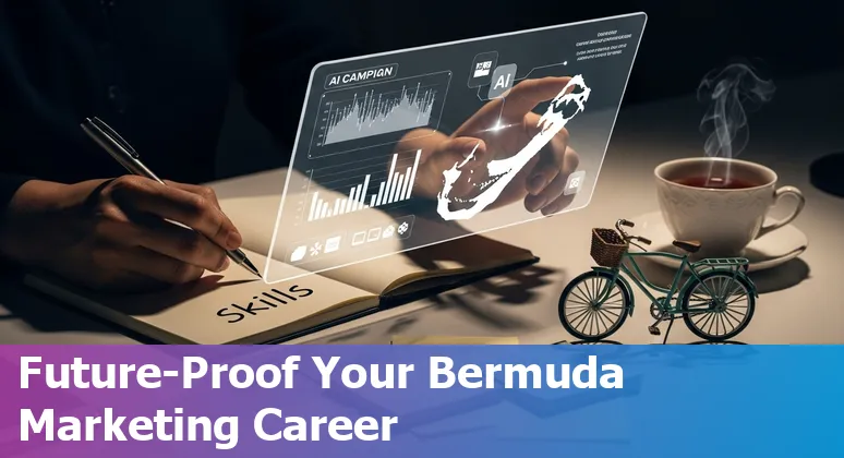 Bermuda marketing team using AI tools in 2025, showing local landmarks and AI dashboards in Bermuda