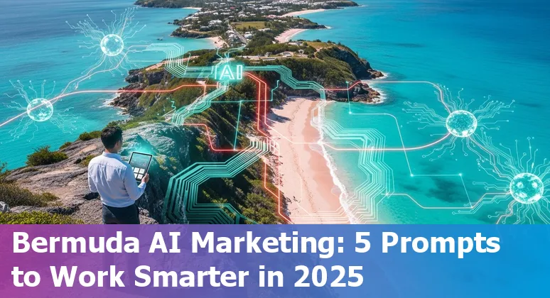 Marketer in Bermuda using AI prompts on a laptop, with Bermuda coastline in background.