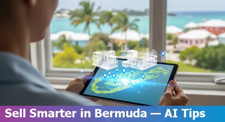 Bermuda coastal homes and AI icons showing real estate use cases for property valuation, marketing, and management