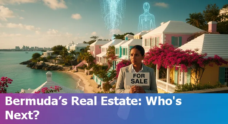 Bermuda real estate agent using AI tools alongside clients with Hamilton skyline in background