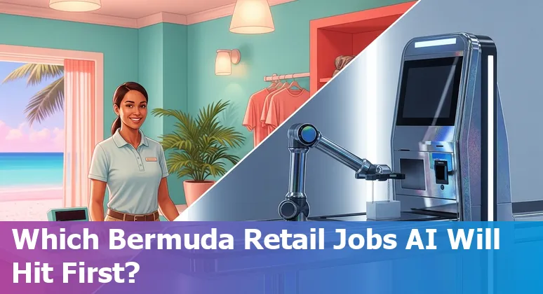 Retail workers (cashier, sales associate, customer service rep) with an AI assistant overlay in a Bermuda shop