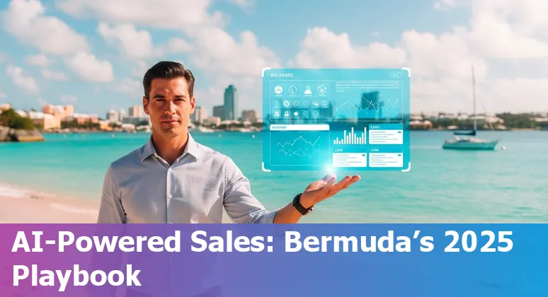 Sales professional using AI tools and CRM in an office with Bermuda skyline visible, representing AI for sales in Bermuda, BM