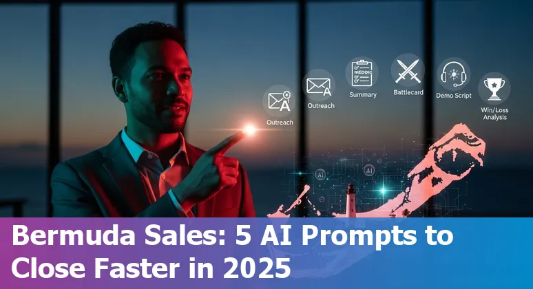 Sales professional in Bermuda using AI on laptop with Hamilton skyline and Bermuda flag in the background