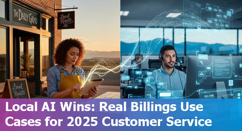 Customer service team in Billings using AI tools on laptops with Montana skyline in background