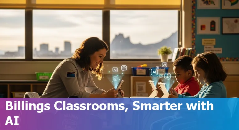 Billings classroom teacher using AI tools on a laptop with Montana State University Billings and local landmarks in the background