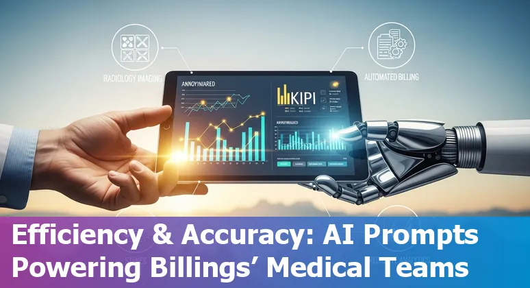 Billings clinic staff using AI tools on tablets and screens showing radiology images, appointment chatbot and monitoring dashboards