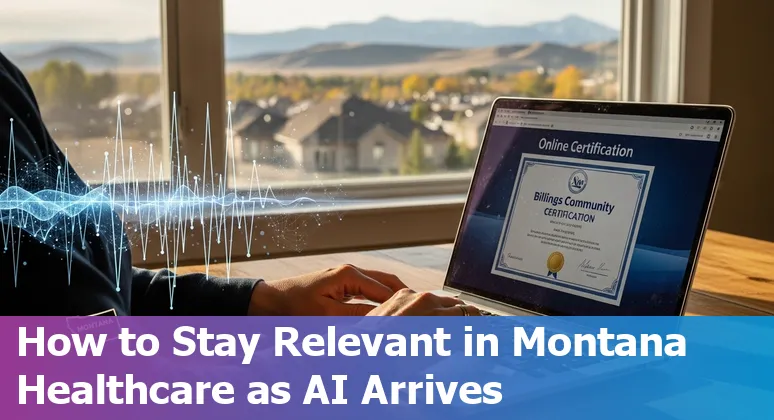 Healthcare workers in Billings, Montana discussing AI impact over a laptop showing charts and hospital icons.