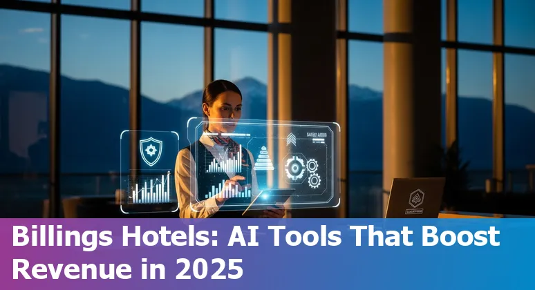 Hotel lobby with AI dashboard overlay and Montana skyline — Billings, Montana