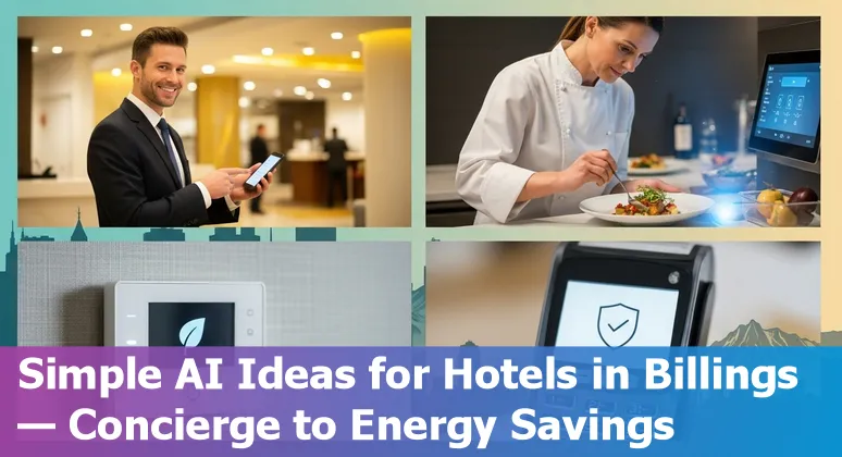 Hotel front desk smartphone showing AI chatbot and Billings skyline overlay
