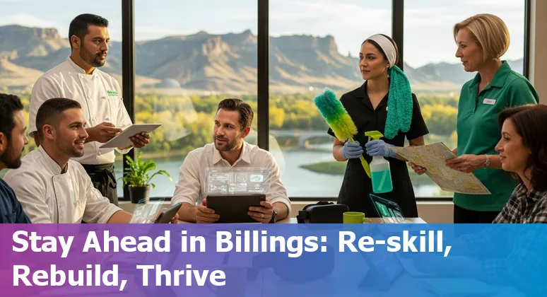 Hospitality worker using tablet while an AI chatbot icon hovers, with Billings skyline in background