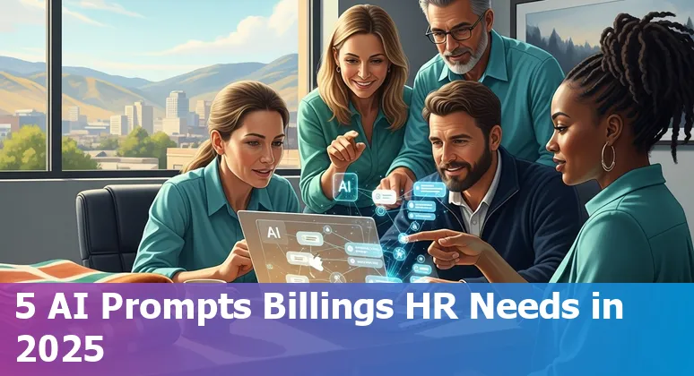 HR professional in Billings using AI prompts on a laptop to write job descriptions, screen resumes, and analyze employee data.