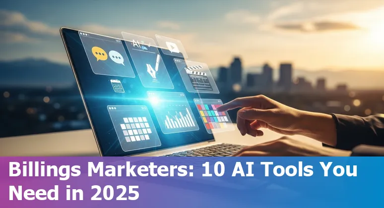 Collage of AI marketing tools logos (Jasper, GPT-4, Grammarly, Surfer SEO, Seventh Sense, Lumen5, Flick AI, Canva, Drift, Ocoya) with Billings skyline.