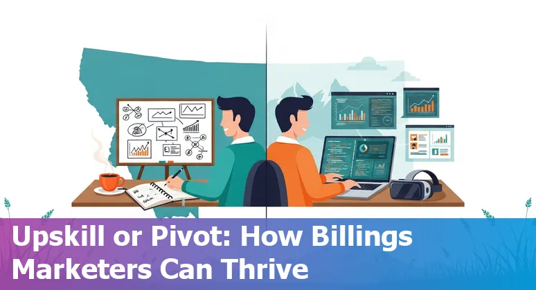 Billings, Montana marketer using AI tools on a laptop with Big Horn Resort in the background, representing 2025 marketing jobs in Billings, Montana