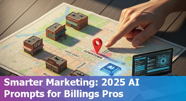 A marketing professional using AI prompts on a laptop with a Billings, Montana skyline and local landmarks in the background.