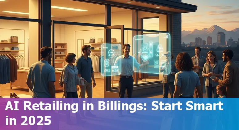 Retail AI illustration for Billings, Montana 2025 showing chatbot, inventory charts, and local storefront