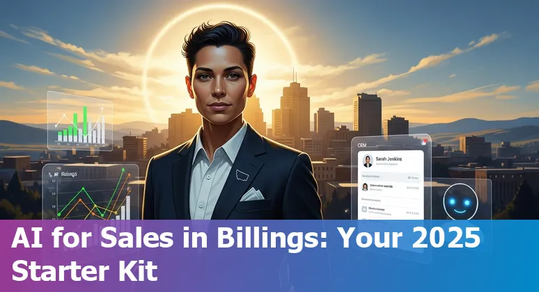 Sales professional using AI tools on laptop in Billings, MT skyline background in Montana, US