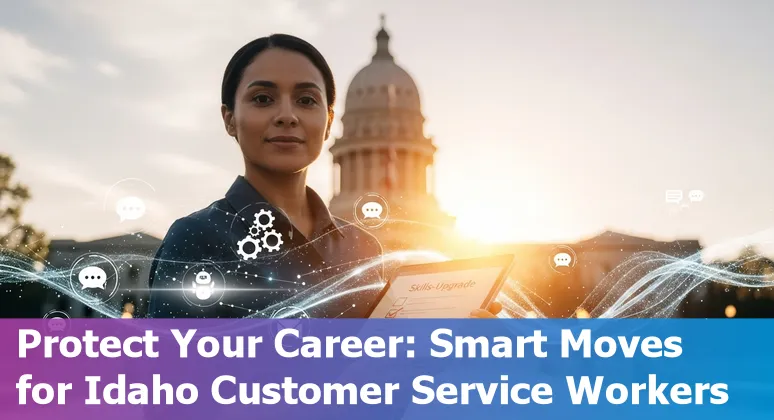 Customer service agent at a Boise, Idaho call center with AI waveform and warning icons, illustrating AI and jobs in Idaho.
