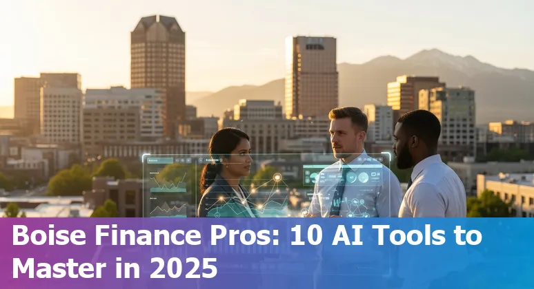 Collage of AI finance dashboards and Boise skyline with logos of Zeni, ForecastMaster Pro, GrowthPlan AI, MarginMax AI, Fathom, Stratify, Arya.ai, AlphaSense, Tipalti, Botkeeper.