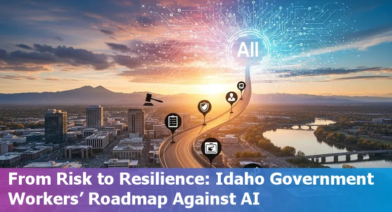 Boise city hall worker at a desk with AI icons overlay, showing jobs at risk and adaptation strategies.