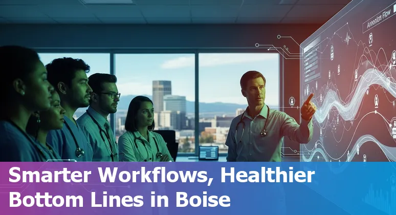 Boise, Idaho healthcare team reviewing AI dashboard showing cost and efficiency gains in a hospital setting