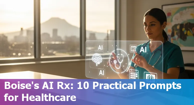 Healthcare AI concepts overlaid on Boise skyline with hospital icons and tech tools like Twilio, LangChain, and FHIR