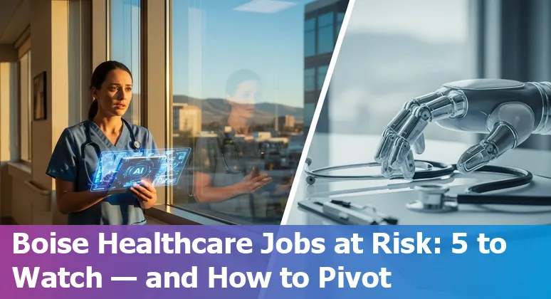 Boise healthcare workers learning AI tools on laptops with St. Luke's Hospital skyline in background.