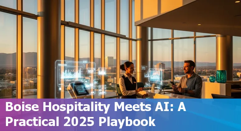 Boise, Idaho hotel lobby with AI-driven check-in kiosk and staff collaborating on sustainable operations in 2025