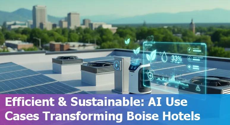 Hotel manager in Boise reviewing an AI dashboard showing pricing, guest messages, and energy use.