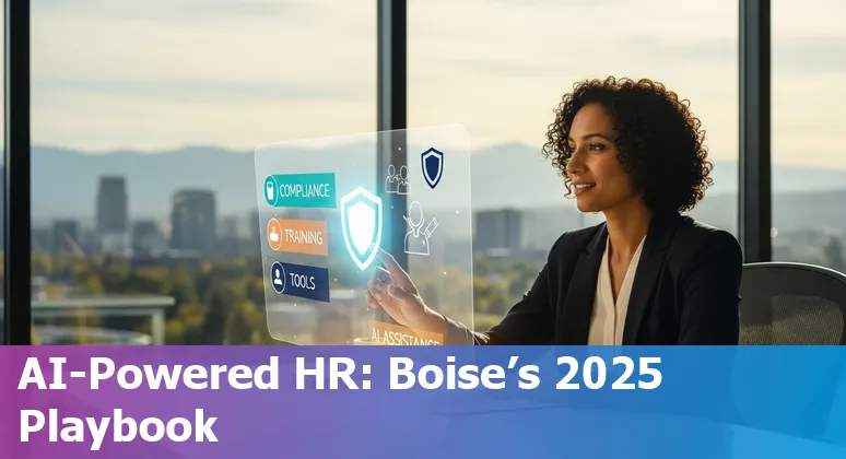 HR professional using AI tools on laptop in Boise, Idaho skyline backdrop, 2025
