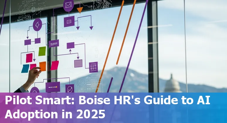 Boise HR team discussing AI tools on a laptop with Boise skyline in background