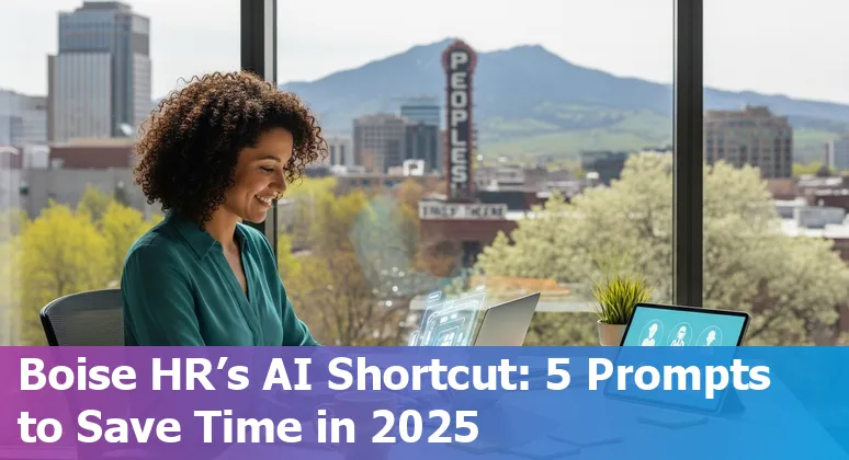 Boise HR professional using AI prompts on laptop, with Boise skyline in background.
