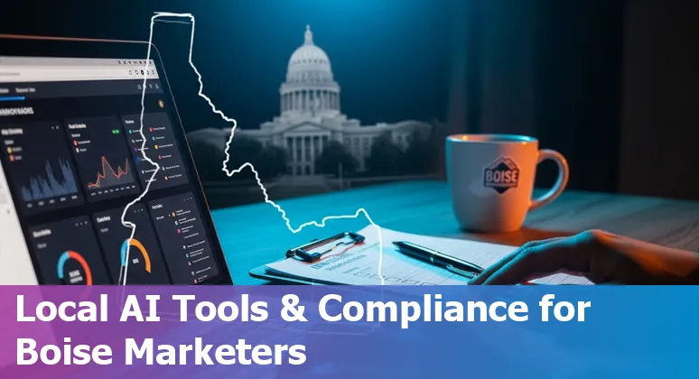 Marketing professional using AI tools on a laptop with Boise, Idaho skyline and Micron facility in the background