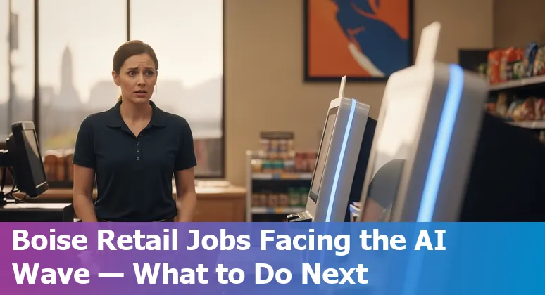 Boise retail worker using tablet in a store with self-checkout kiosks and a skyline view of Boise in background