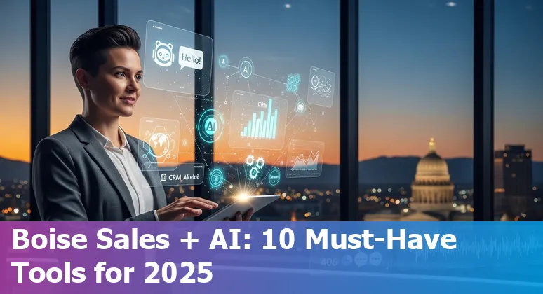 Collage of AI tools icons over a Boise skyline, representing sales technology for 2025.