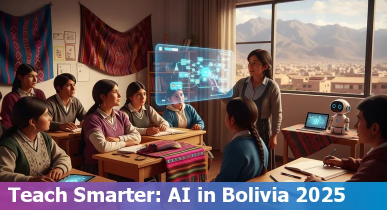 Illustration of AI in education in Bolivia, showing classrooms, cloud data and conference locations like Oruro and El Alto in Bolivia