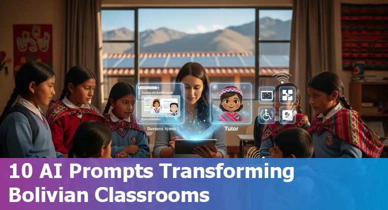 Teacher using AI-generated bilingual lesson materials and satellite flood maps with students in Bolivia