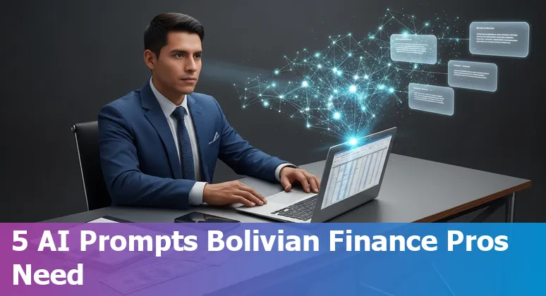Bolivian finance professional using AI prompts on a laptop with Boliviano and USD notes beside a spreadsheet
