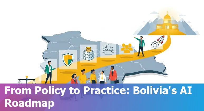 Illustration of AI in Bolivian government services with Bolivia flag, data icons, and public sector imagery