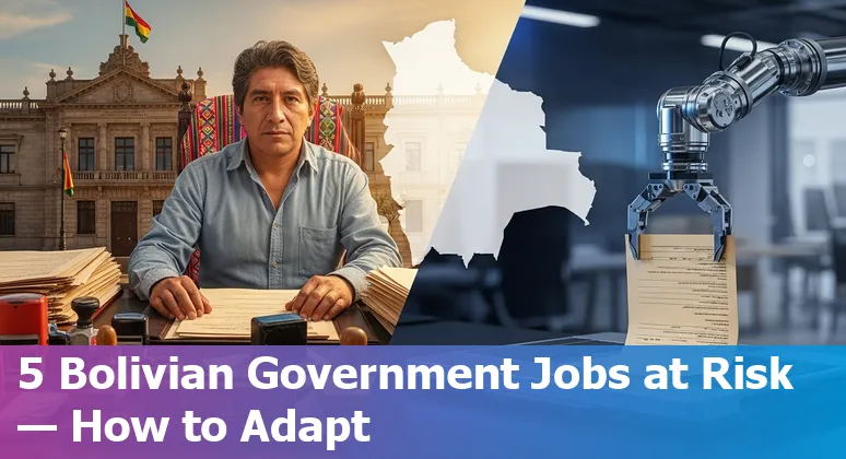 Bolivian government worker at a service counter with AI and training icons symbolizing automation and reskilling.