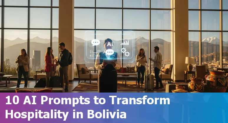 Hotel staff using AI on a tablet with Bolivian landmarks like Salar de Uyuni in the background