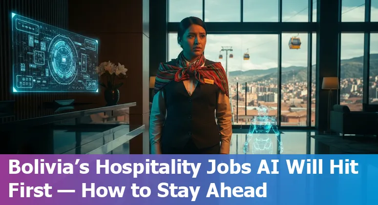 Hotel staff in Bolivia adapting to AI tools; front desk, housekeeping robot, and accountants working with laptops